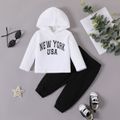 2pcs Baby Boy 95% Cotton Sweatpants and Letter Embroidered Long-sleeve Fuzzy Hoodie Set Color block image 1
