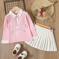 2pcs Toddler Girl Preppy style Letter Print Colorblock Polo Shirt and White Pleated Skirt Set Pink image 1