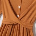 Family Matching Long-sleeve V Neck Button Front Colorblock Rib Knit Midi Dresses and Tops Sets YellowBrown