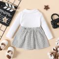 2pcs Baby Girl Polo Neck Long-sleeve Rib Knit Top and Grid Skirt Set BlackandWhite image 2