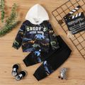 2pcs Baby Girl Allover Dinosaur & Letter Print Contrast Color Hoodie and Pants Set Black