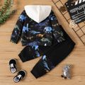 2pcs Baby Girl Allover Dinosaur & Letter Print Contrast Color Hoodie and Pants Set Black