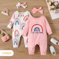 2-Pack Baby Girl Long-sleeve Rainbow Print Jumpsuits with Headbands Sets MultiColour