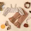 100% Cotton 2pcs Baby Girl Striped Cold Shoulder Long-sleeve Crop Top and Flared Pants Set Color block