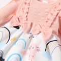 2pcs Baby Girl Pink Rib Knit Ruffle Trim Long-sleeve Spliced Allover Cartoon Print Dress with Headband Set Pink