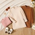 Toddler Girl Solid Color Mock Neck Waffle Long Puff-sleeve Dress Pink