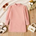 Toddler Girl Solid Color Mock Neck Waffle Long Puff-sleeve Dress Pink
