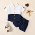 100% Cotton Baby Boy Color Splice Stand Collar Short-sleeve White Shirt Top and Blue Shorts Set White