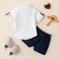 100% Cotton Baby Boy Color Splice Stand Collar Short-sleeve White Shirt Top and Blue Shorts Set White