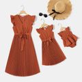 Solid Swiss Dot Surplice Neck Pleated Belted Dress for Mom and Me orangered