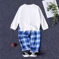 2pcs Toddler Boy Preppy style Button Pocket Design Raglan Sleeve White Shirt and Plaid Pants Set White image 2