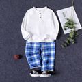 2pcs Toddler Boy Preppy style Button Pocket Design Raglan Sleeve White Shirt and Plaid Pants Set White image 1