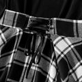 Family Matching Long-sleeve Solid Rib Knit Spliced Plaid Dresses and Shirts Sets BlackandWhite