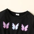 2pcs Toddler Girl Butterfly Print Crop Sweatshirt and Elasticized Pants Set Black