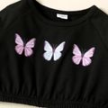 2pcs Toddler Girl Butterfly Print Crop Sweatshirt and Elasticized Pants Set Black image 3