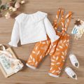 2pcs Baby Girl 100% Cotton Swiss Dot Ruffle Collar Long-sleeve Top and Allover Leaf Print Overalls Set Color block