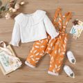 2pcs Baby Girl 100% Cotton Swiss Dot Ruffle Collar Long-sleeve Top and Allover Leaf Print Overalls Set Color block image 3