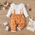 2pcs Baby Girl 100% Cotton Swiss Dot Ruffle Collar Long-sleeve Top and Allover Leaf Print Overalls Set Color block image 1