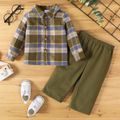 2pcs Baby Boy 100% Cotton Straight Leg Pants and Long-sleeve Plaid Shirt Set Army green