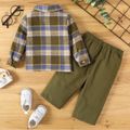2pcs Baby Boy 100% Cotton Straight Leg Pants and Long-sleeve Plaid Shirt Set Army green image 2