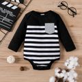 Baby Girl Long-sleeve Striped Romper with Colorblock Pocket Black