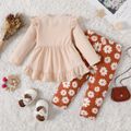 2pcs Baby Girl Bow Front Solid Rib Knit Ruffle Trim Long-sleeve Top and Allover Daisy Floral Print Pants Set Color block image 2