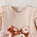 2pcs Baby Girl Bow Front Solid Rib Knit Ruffle Trim Long-sleeve Top and Allover Daisy Floral Print Pants Set Color block image 4