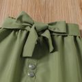 2pcs Toddlr Girl Lapel Collar Button Design Long-sleeve Shirt and Belted Green Skirt Set Green