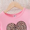 2pcs Kid Girl Leopard Heart Print Lace Hem Long-sleeve Pink Tee and Bowknot Design Leggings Set Pink
