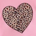 2pcs Kid Girl Leopard Heart Print Lace Hem Long-sleeve Pink Tee and Bowknot Design Leggings Set Pink image 3