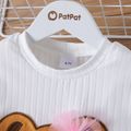 2pcs Kid Girl Bear Embroidered Mesh Bowknot Design Long-sleeve Tee and Ruffled Layered Skirt Set White