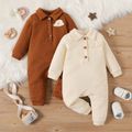 Baby Boy/Girl Rainbow Design Button Front Solid Grid Textured Long-sleeve Jumpsuit Brown image 2
