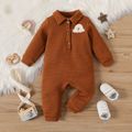Baby Boy/Girl Rainbow Design Button Front Solid Grid Textured Long-sleeve Jumpsuit Brown image 1