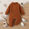 Baby Boy/Girl Rainbow Design Button Front Solid Grid Textured Long-sleeve Jumpsuit Brown image 3