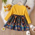 Toddler Girl Exotic Graphic Splice Ribbed Bowknot Design Long-sleeve Dress Multi-color