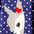 Kid Girl 3D Floral Design Polka dots Deer Print Ruffle Hem Long-sleeve Dress Dark Blue image 3