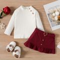 2pcs Baby Girl 95% Cotton Rib Knit Mock Neck Long-sleeve Top and Button Front Ruffle Hem Skirt Set WineRed image 1