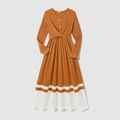 Family Matching Long-sleeve V Neck Button Front Colorblock Rib Knit Midi Dresses and Tops Sets YellowBrown image 3