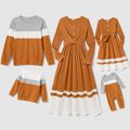 Family Matching Long-sleeve V Neck Button Front Colorblock Rib Knit Midi Dresses and Tops Sets YellowBrown image 1