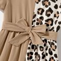 Family Matching Short-sleeve Solid Spliced Leopard Belted Dresses and Colorblock T-shirts Sets Khaki image 4