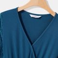 Solid Lace Long-sleeve Spliced Rib Knit Surplice Neck Belted Dress for Mom and Me Peacockblue image 3