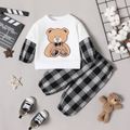 2pcs Baby Boy Faux-two Long-sleeve Bear Embroidered Sweatshirt and Plaid Sweatpants Set BlackandWhite image 1
