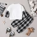 2pcs Baby Boy Faux-two Long-sleeve Bear Embroidered Sweatshirt and Plaid Sweatpants Set BlackandWhite