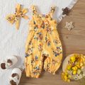 2pcs Baby Girl Allover Floral Print Bow Front Cut Out Tank Jumpsuit with Headband Set Ginger