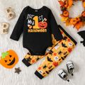 Halloween 2pcs Baby Boy Long-sleeve Graphic Romper and Allover Print Pants Set Color block image 1