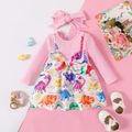 2pcs Baby Girl Long-sleeve Faux-two Rib Knit Spliced Colorful Dinosaur Print Bow Front Dress with Headband Set ColorBlock