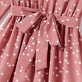 Family Matching Polka Dot Print V Neck Belted Ruffle Hem Bell Sleeve Dresses and Plaid Shirts Sets Pink
