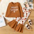 2pcs Toddler Girl Letter Embroidered Long-sleeve Tee and Floral Print Flared Pants Set Brown