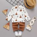 100% Cotton 2pcs Baby Boy Allover Print Mock Neck Long-sleeve Shirt and Solid Pants Set Brown