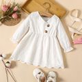 100% Cotton Baby Girl Solid Long-sleeve Eyelet Embroidered Button Front Dress White